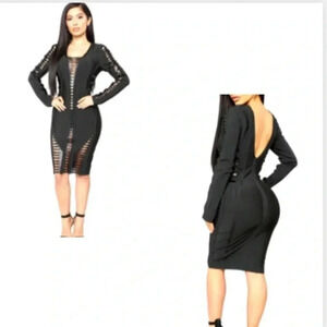 FASHION NOVA BLACK CUT OUT BACK FAUX LEATHER DRESS